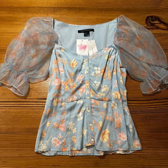 NWT French Connection pastel blue Diana Drape puff sheer sleeve top SIZE 4 - Picture 3 of 6